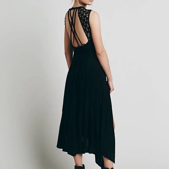 FREE PEOPLE BLACK CROCHET SLIT MIDI DRESS SIZE XS “AFTERNOON DELIGHT” - Picture 2 of 7